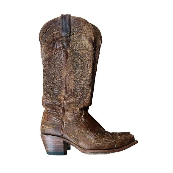 CORRAL LADIES VINTAGE BROWN ON BROWN TALL EAGLE OVERLAY BOOTS R2295 SZ 7.5 M - Picture 1 of 5